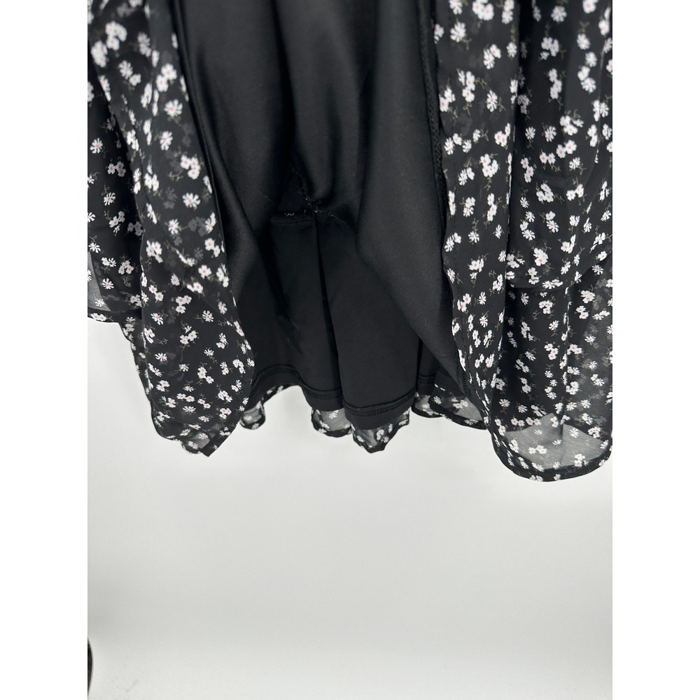 Black Floral Cottagecore Mini Dress Sz L Ruffle Peasant‎ Feminine Boho Picnic - Picture 4 of 7